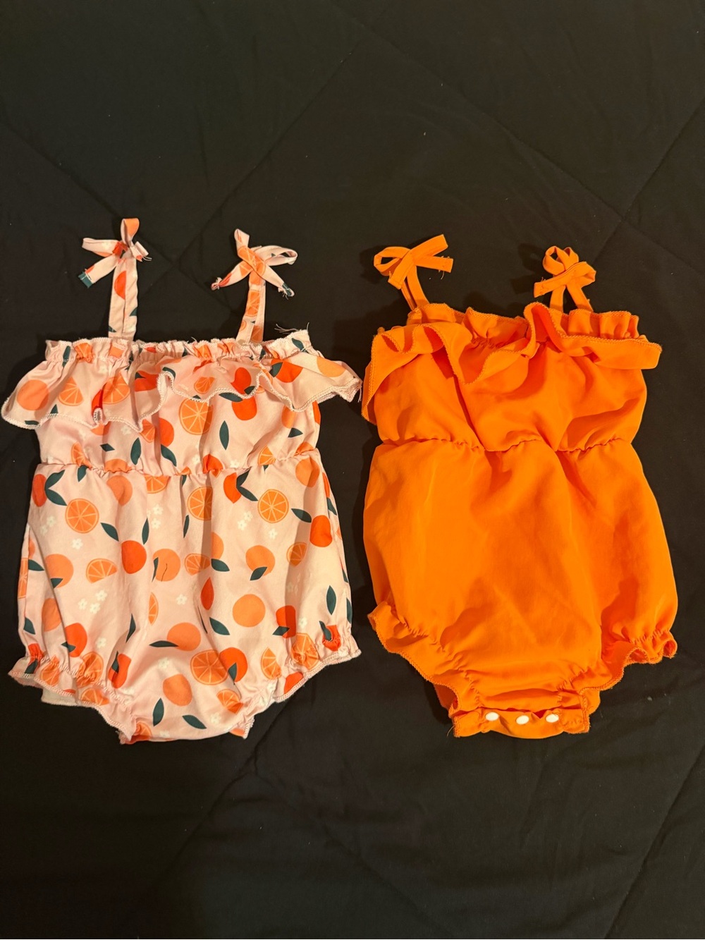 Orange Fruit-Print Ruffle Baby Romper - Orange 2 set